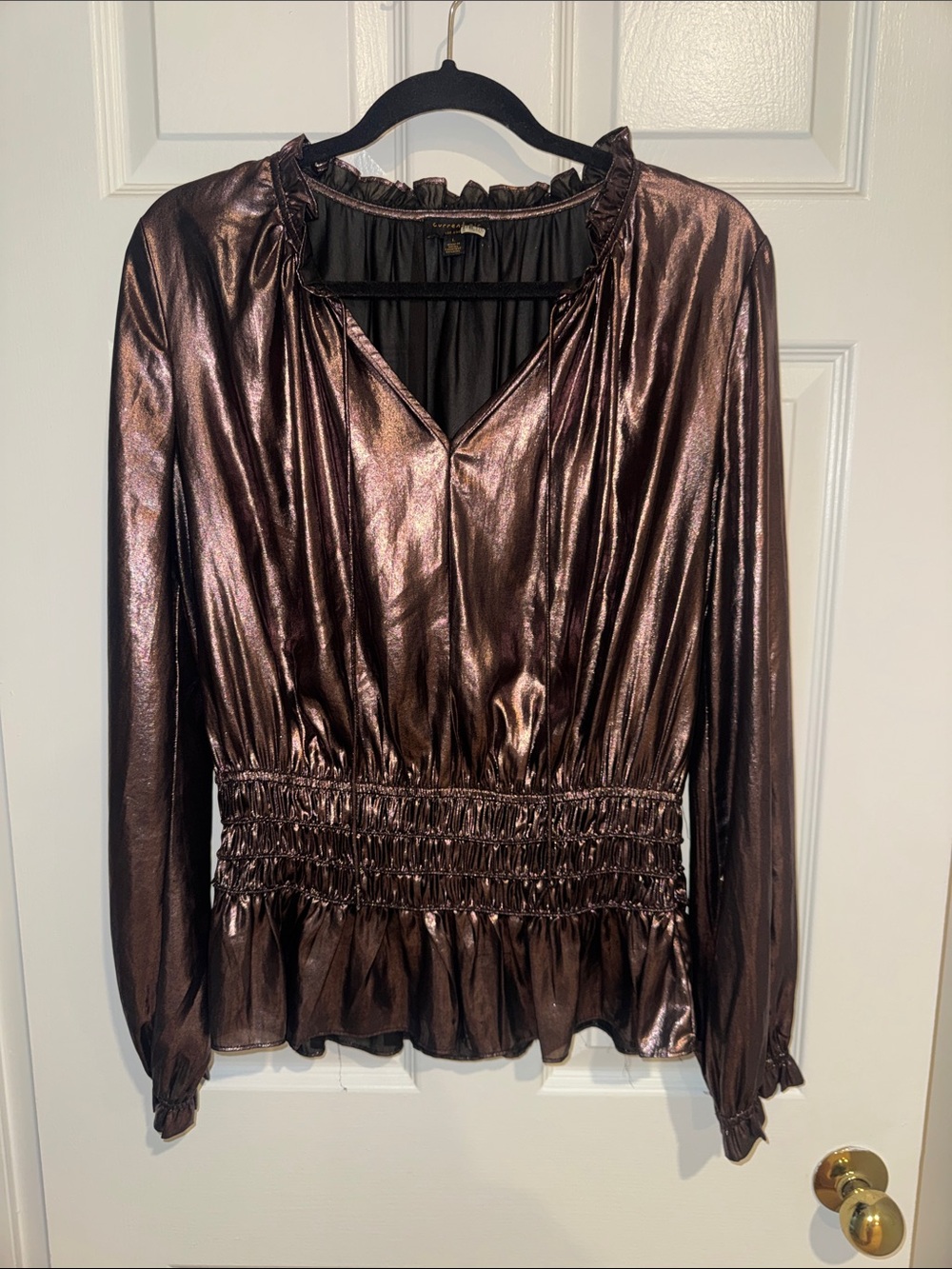 Current Air Metallic Bronze V-Neck Smocked Waist Blouse